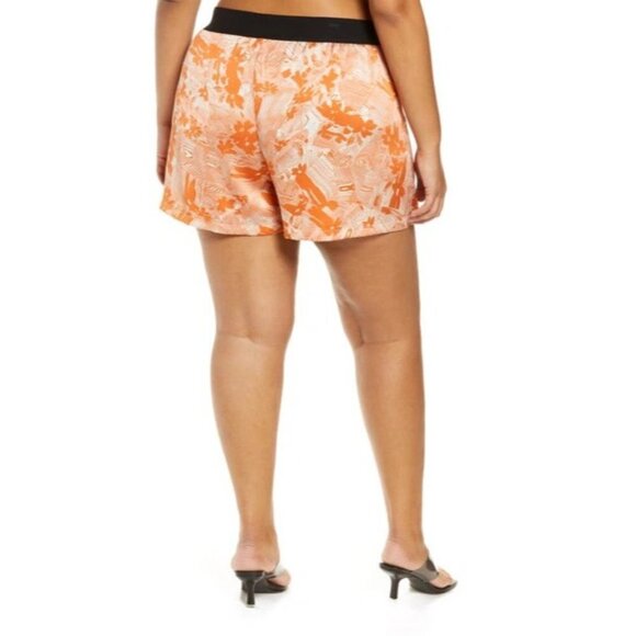 Open Edit Womens Plus Size 2X Elastic Waist Satin Shorts Orange Ivory Daisy 160 - Picture 2 of 8